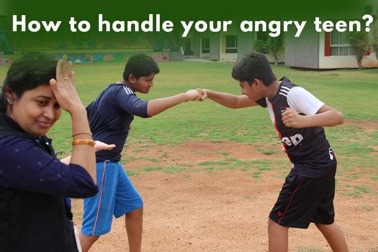 A teenage boy in a baseball uniform fighting with another angry teen. An adult woman is standing with her hands on her head, observing the scene.