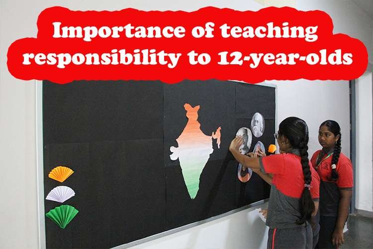 Kids engaged in a project, responsibly sticking pictures to a canvas for their creative endeavor