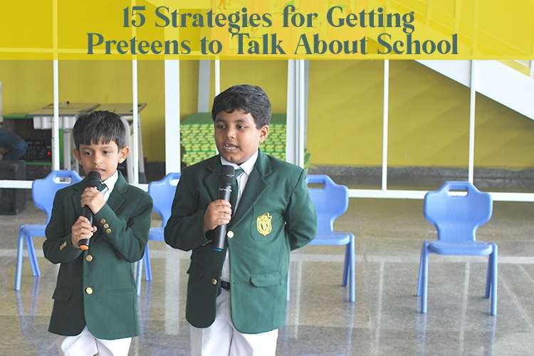 preteens in school uniforms holding microphones and talking