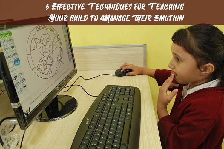 Image of a child using a computer, displaying a range of emotions from curiosity to concentration while interacting with the screen.