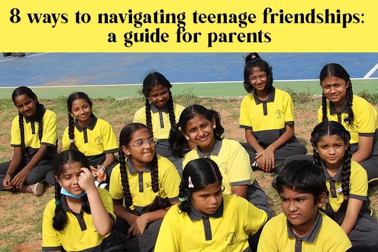 A group of smiling teenage girls wearing yellow shirts, sitting together showcasing the joy of teenage friendships