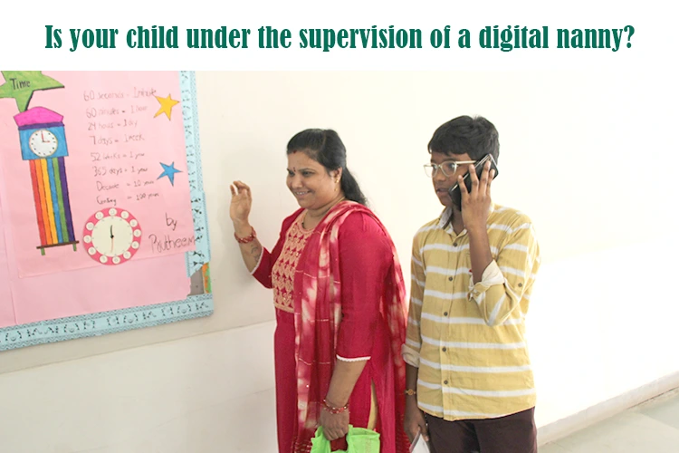 Mother and child discussing educational material, highlighting the importance of real-world engagement over digital nanny supervision