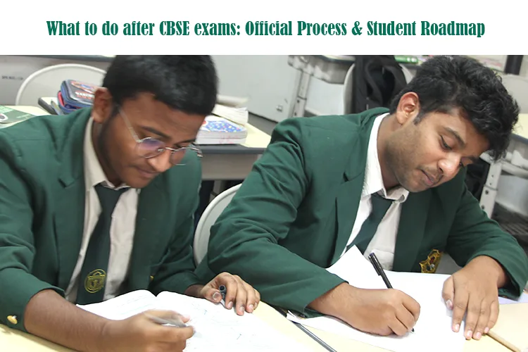 - Two students writing in notebooks during class, representing focus on next steps after CBSE exams.