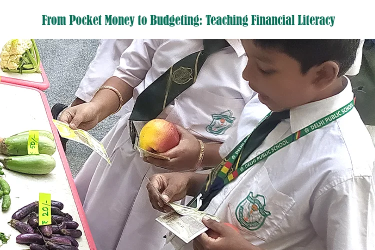 A DPS Warangal student learning budgeting skills using a pocket money activity with jars for saving, spending, and sharing.