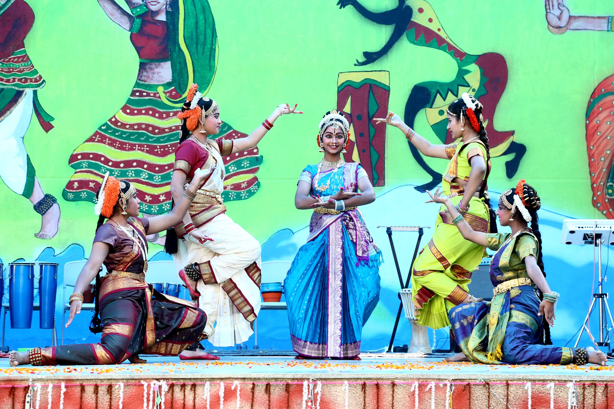 Girls at DPS, Warangal dressed in traditional attire, displaying the Bharatnatyam dance .