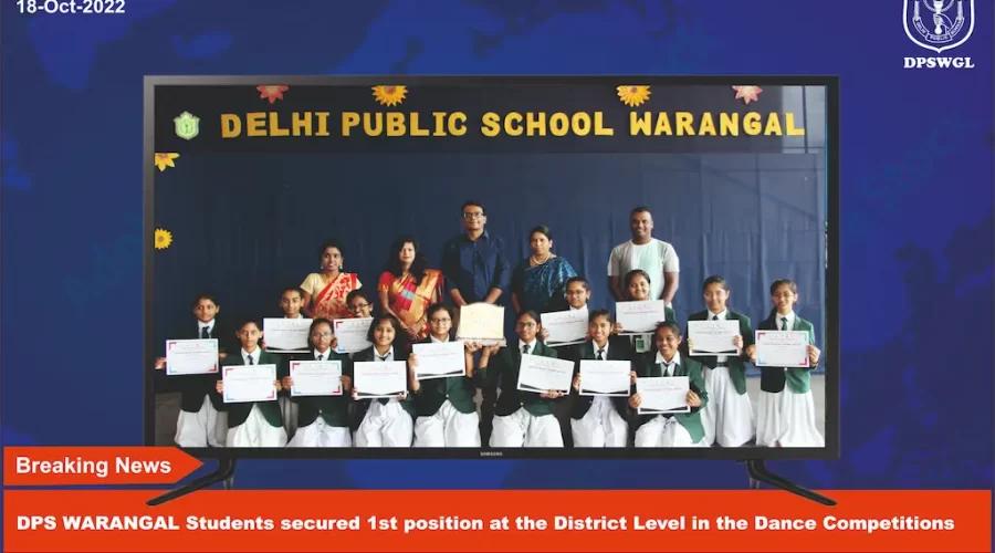 Students of DPS Warangal displaying their certificates as they secured 1st position at District Level Dance Competition.