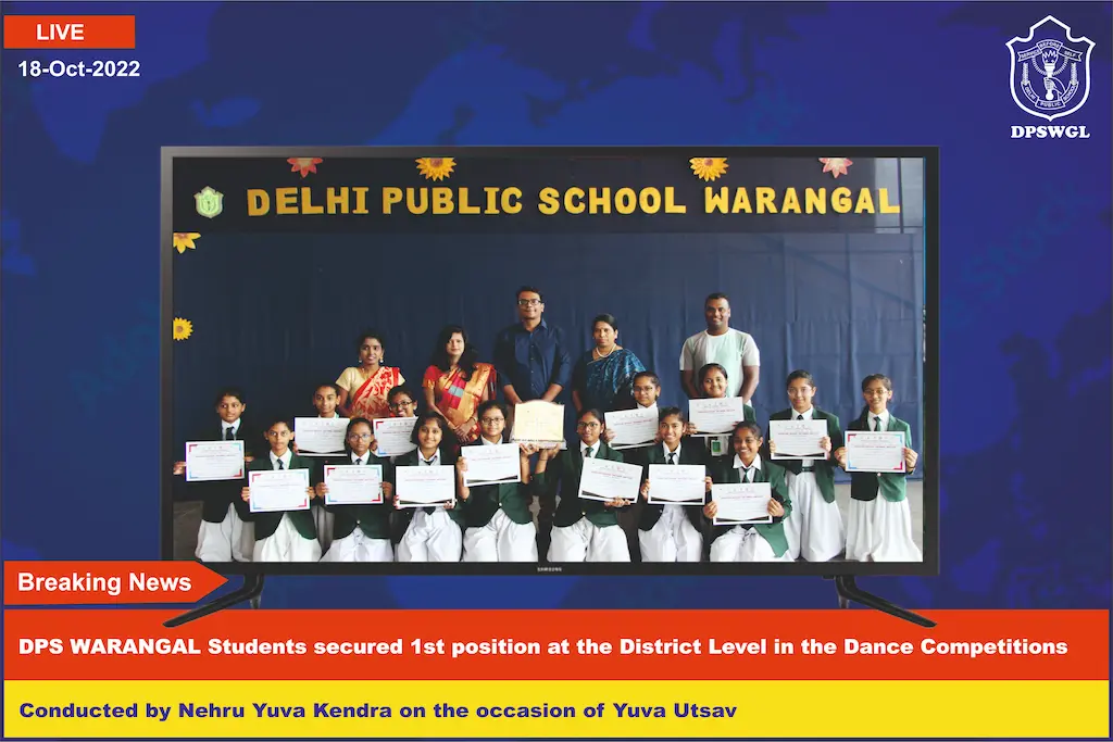Students of DPS Warangal displaying their certificates as they secured 1st position at District Level Dance Competition.