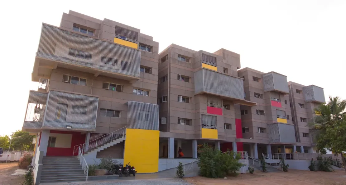 DPS Warangal hostel premises are in yellow ,red, and brownish colors as seen in an eagle-eye view.