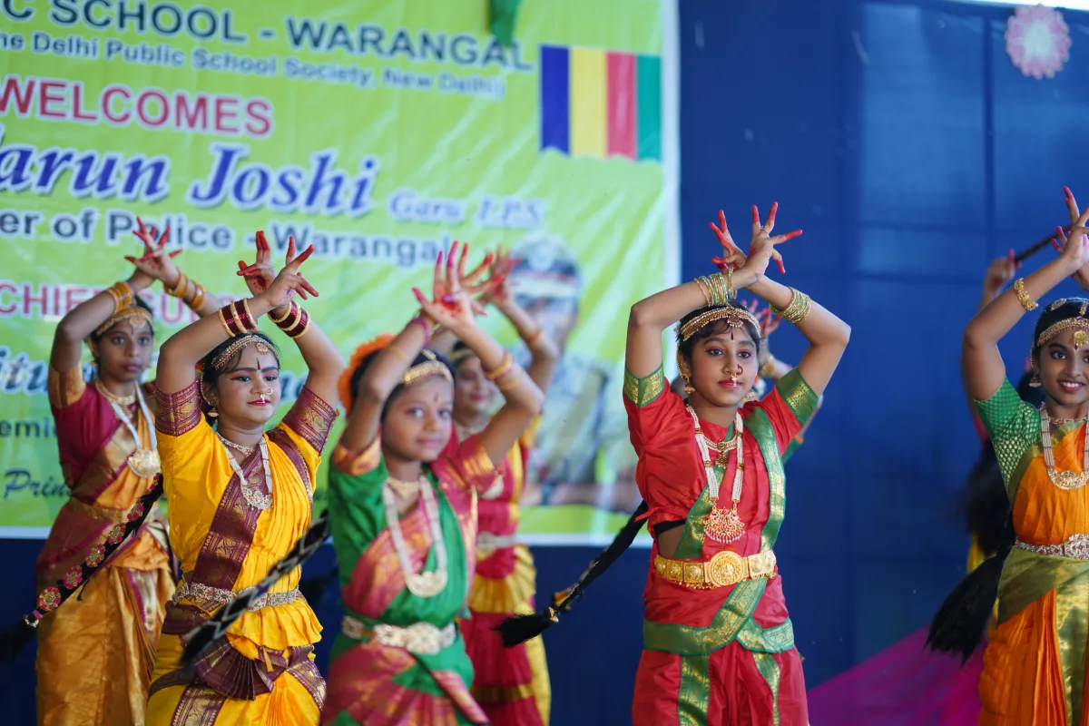 Girls in DPS, Warangal performing classical dance Bharatnatyam.