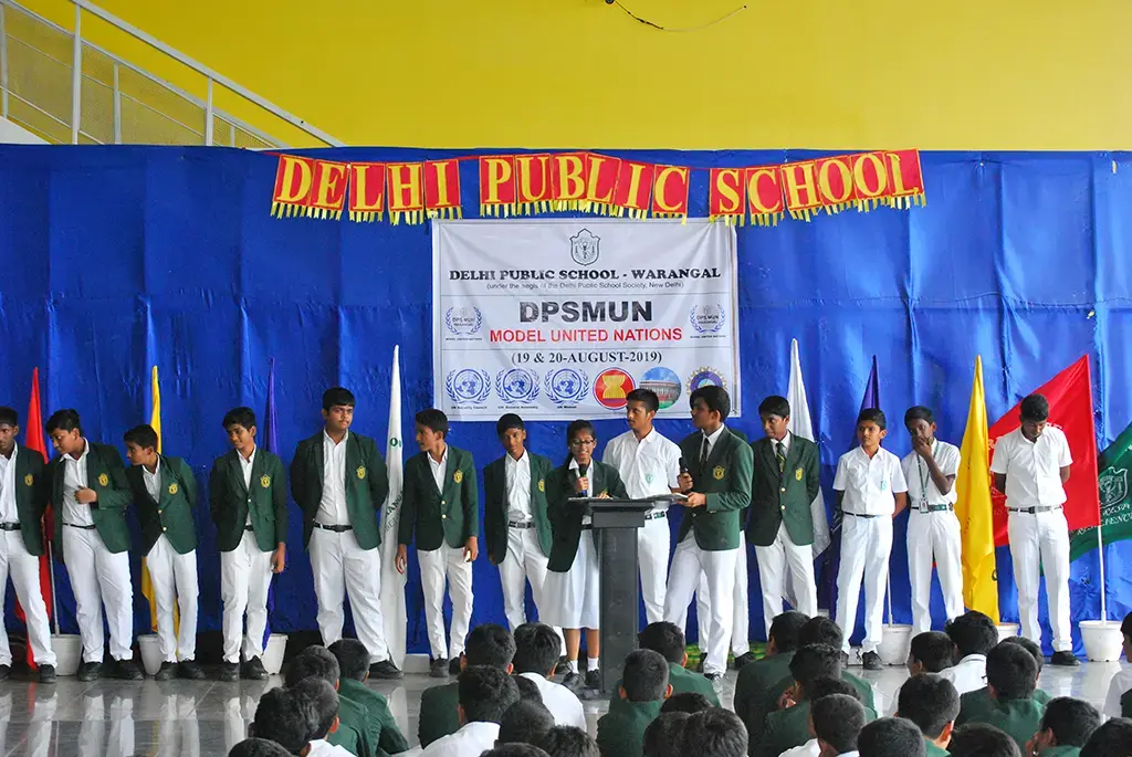 Students delivering speech during DPS Model United Nations Conference at DPS Warangal