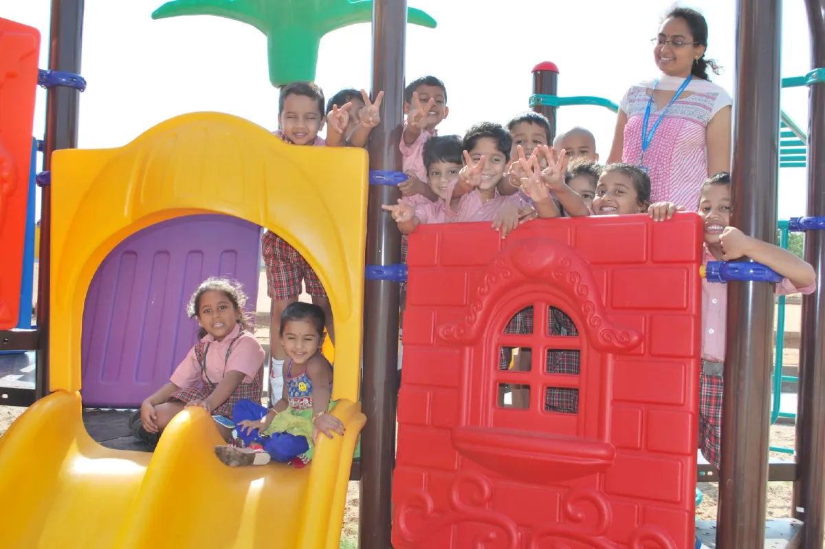 Students at DPS, Hanamkonda playing and having fun with their friends under teacher's guidance.