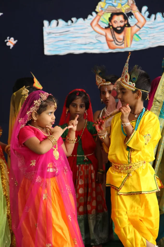 Students at DPS, Warangal dressed as Radha and Krishna during the celebration of Shri Krishna Janamashtami.