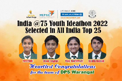 Poster congratulating talented students of DPS Warangal who participated in YOUTH IDEATHON 22 and secured a rank in All India top 25.