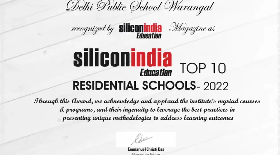 Poster about DPS Warangal being recognised as one of the top 10 residential schools in Warangal by Silicon India Education.