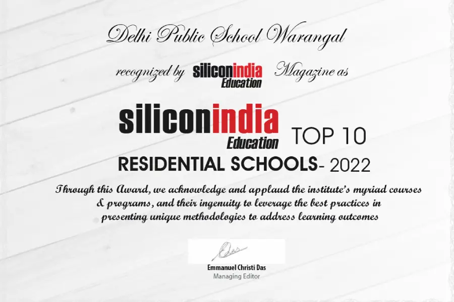 Poster about DPS Warangal being recognised as one of the top 10 residential schools in Warangal by Silicon India Education.