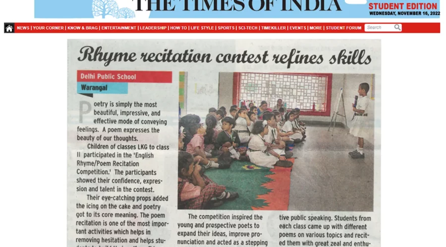An article describing about the rhyme recitation contest at DPS Warangal got published in The Times Of India.