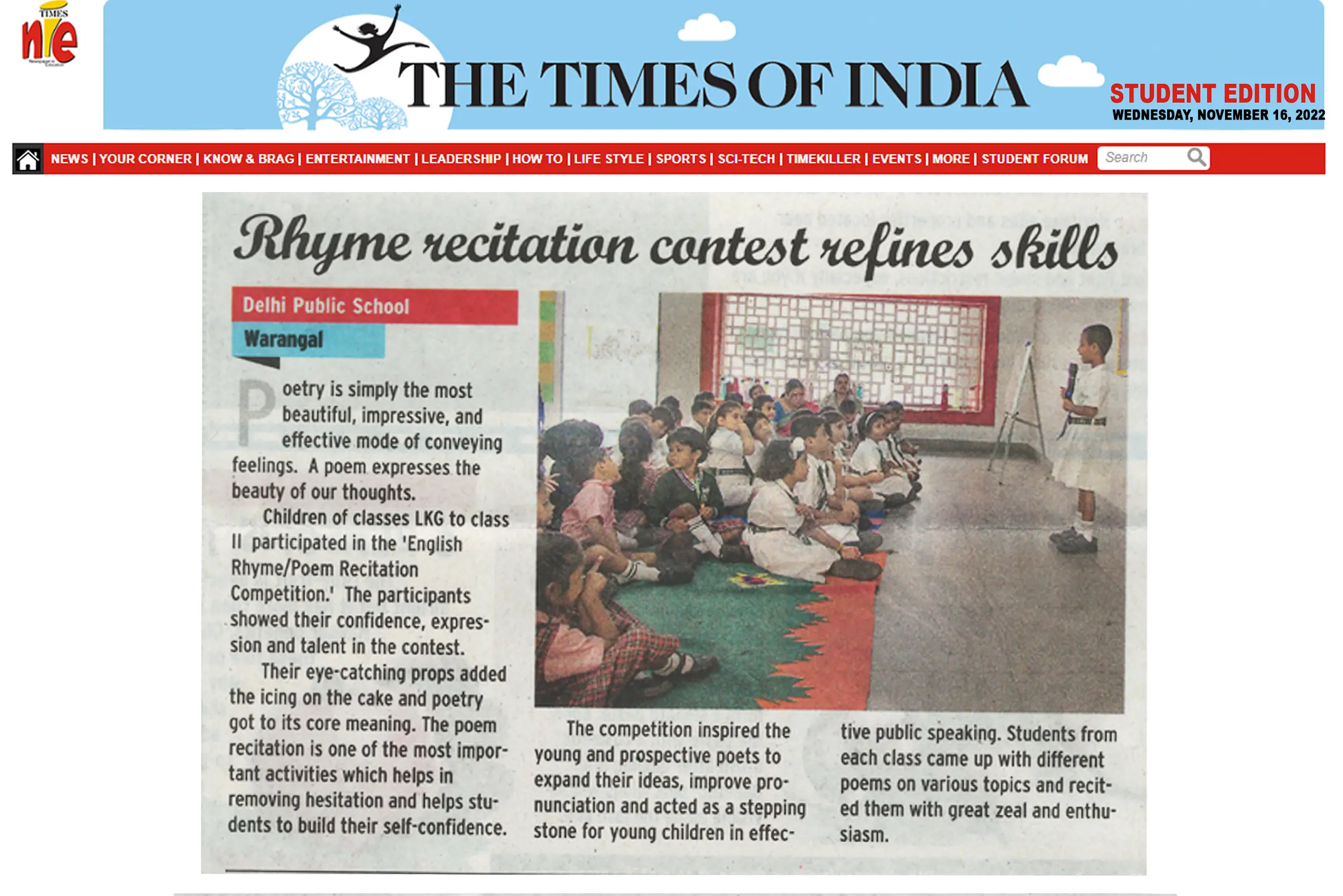 An article describing about the rhyme recitation contest at DPS Warangal got published in The Times Of India.