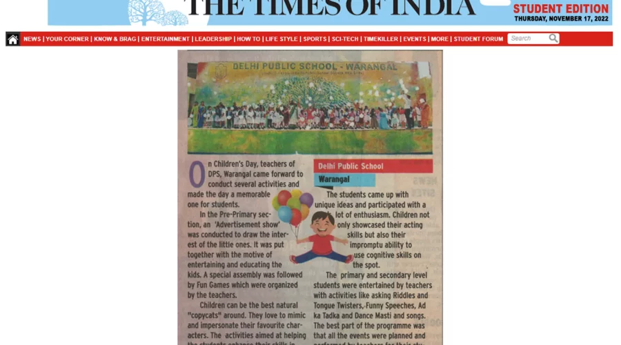 An article describing about the enthusiastic Children's day celebration at DPS Warangal got published in The Times Of India.