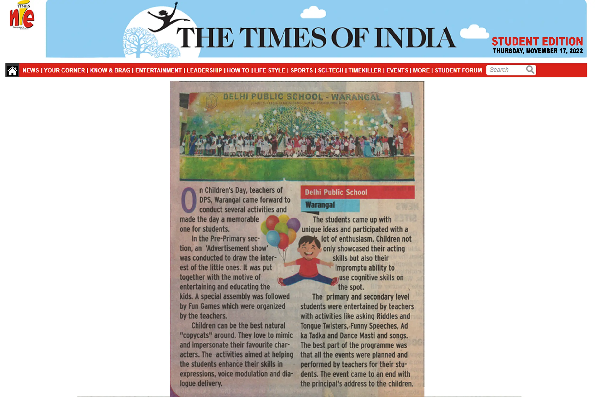 An article describing about the enthusiastic Children's day celebration at DPS Warangal got published in The Times Of India.
