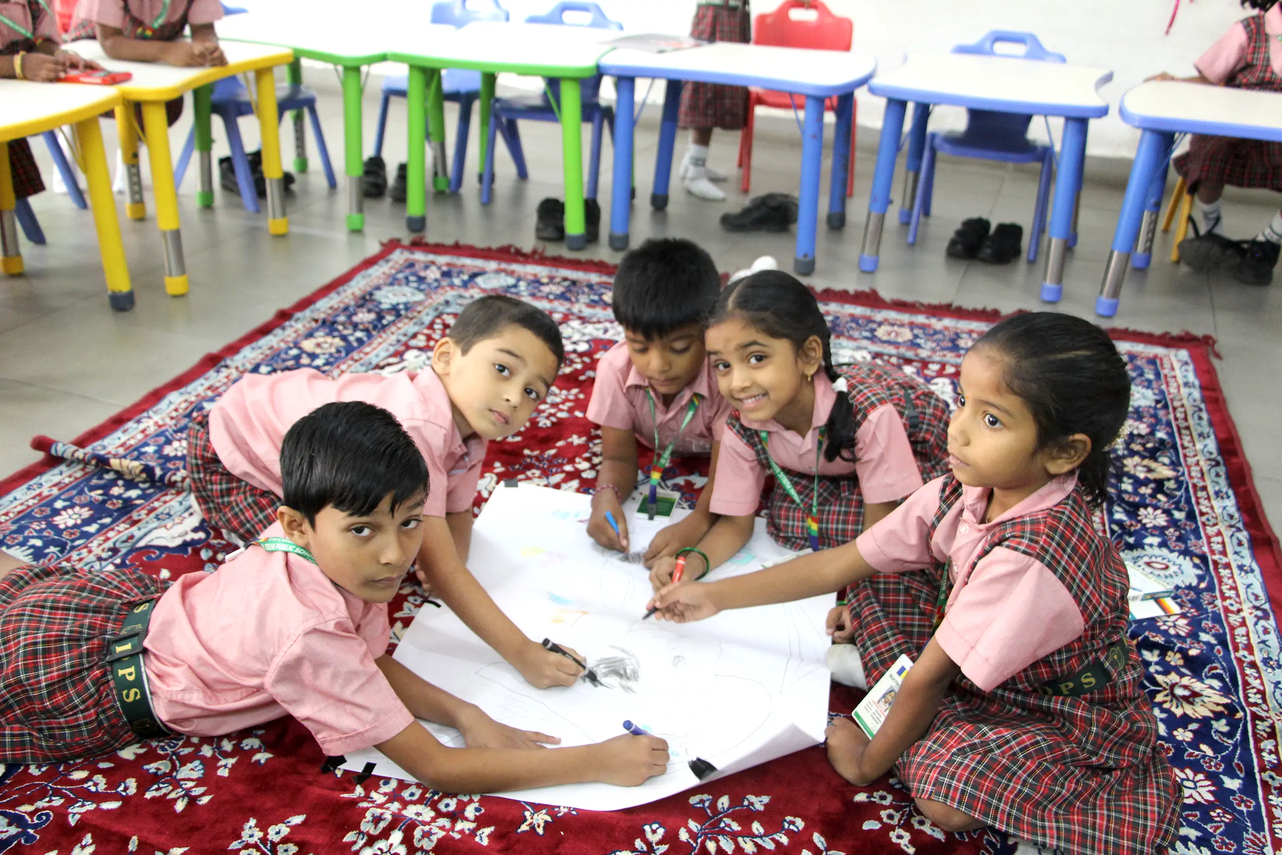 Students participating in group in arts and crafts activity at DPS Warangal.