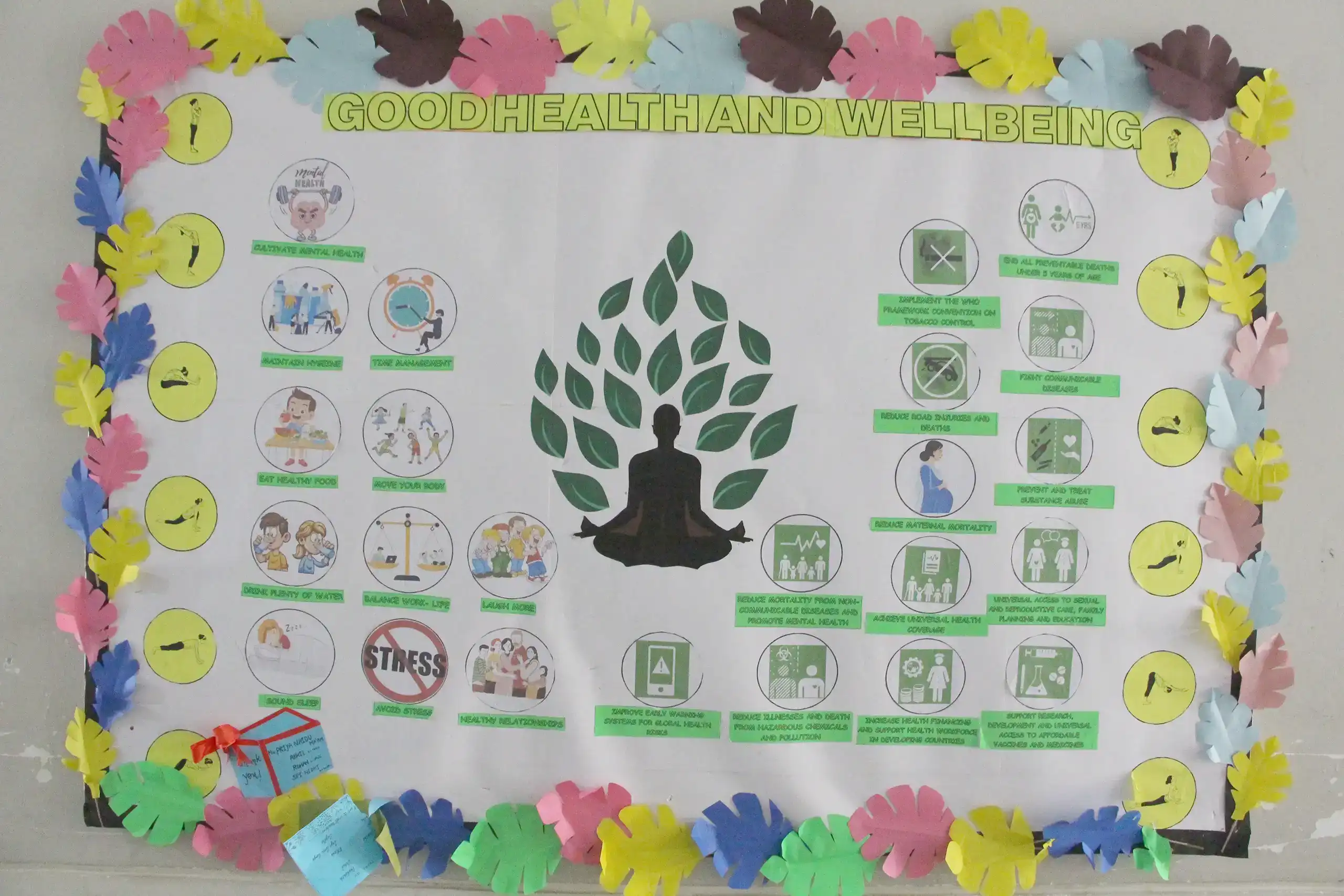 Bulletin board at DPS Warangal decorated on the topic good health and well being.