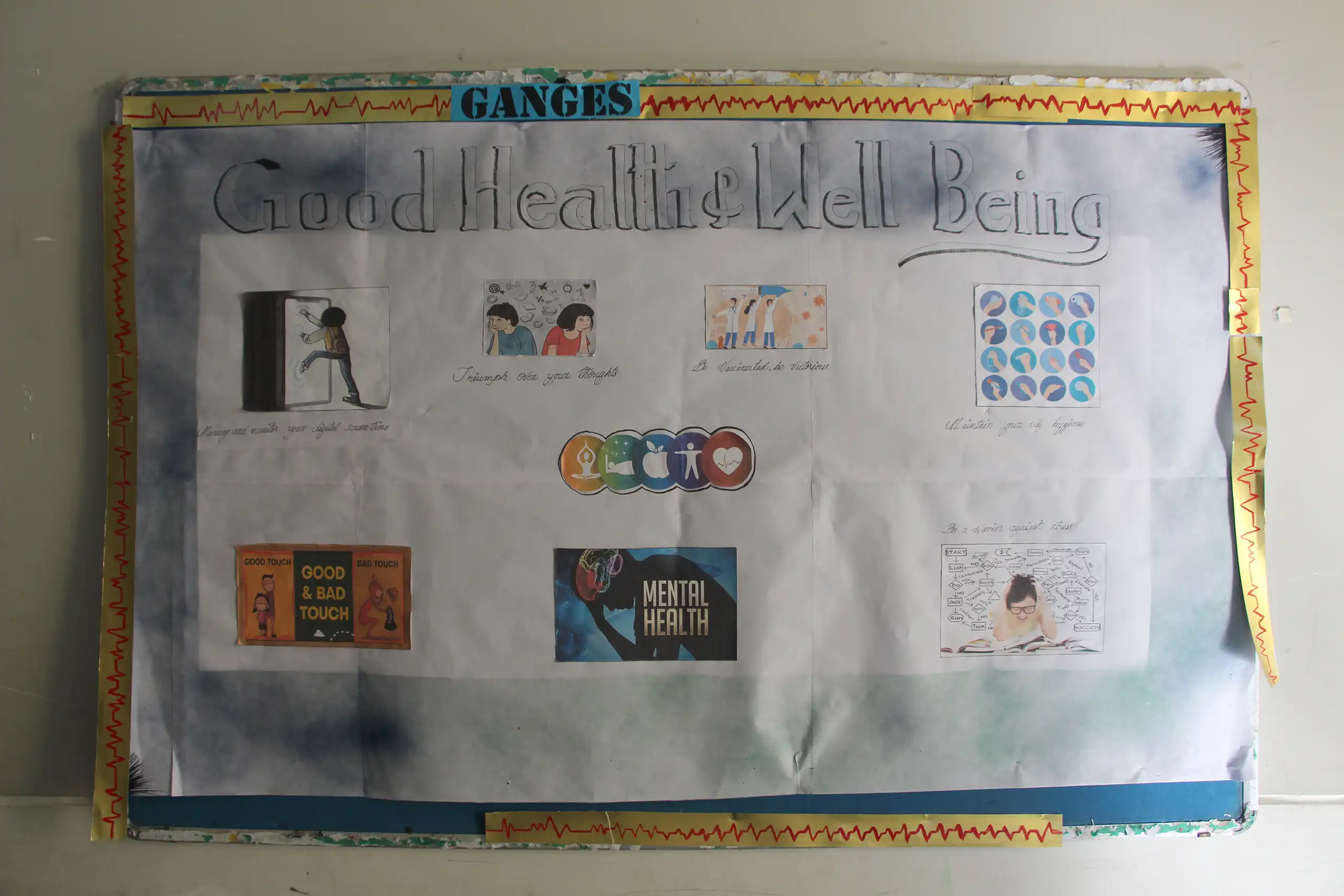 House Ganges decorated bulletin board with good health and well being chart during House-Wise Bulletin Board Competition at DPS Warangal.