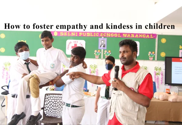 Image of a person providing health advice to students with text at the top that reads 'How to foster empathy and kindness in children
