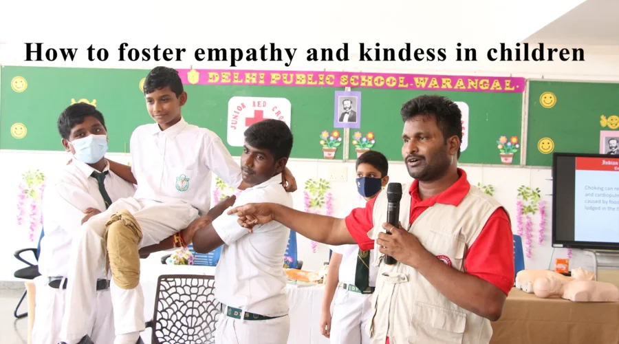Image of a person providing health advice to students with text at the top that reads 'How to foster empathy and kindness in children