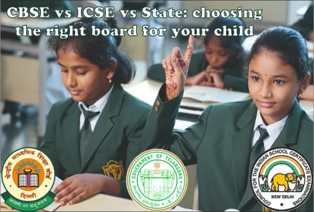 Students of DPS Warangal sitting in the class and asking doubts from the teacher. an a text CBSE vs ICSE vs State: choosing the right board for your child. at top of the image