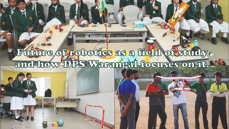 Students of DPS Warangal displaying and testing various robotics projects made by them.