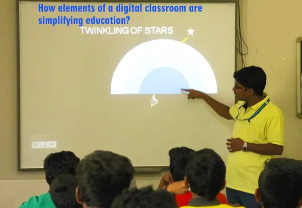 Teacher at DPS Warangal explaining concept to children in digital board.