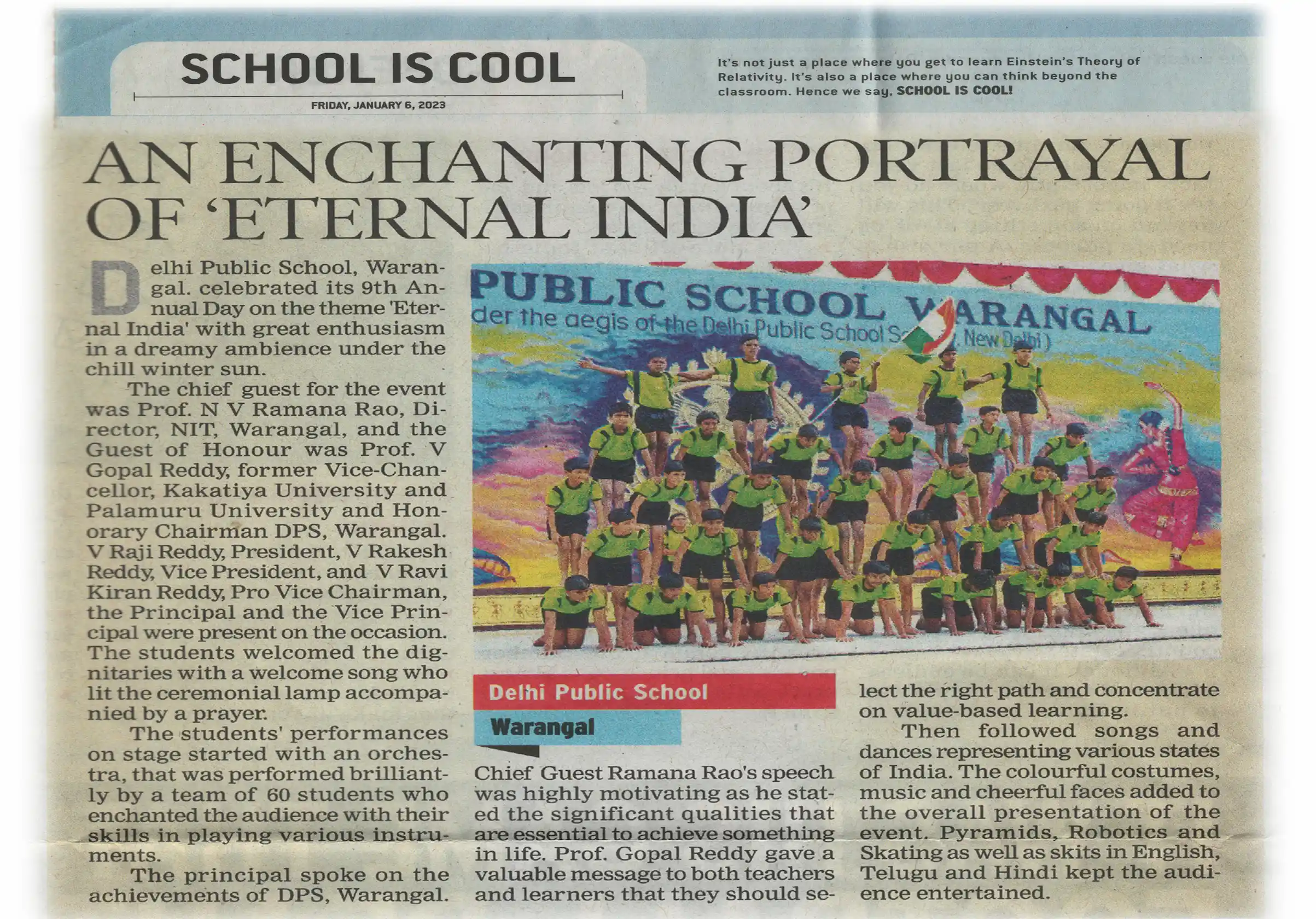 News article featuring the annual day celebration at DPS Warangal