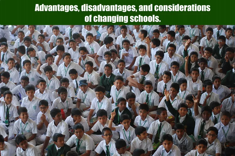 Image of a group of students in a hall wearing white uniforms. with a text Advantages, disadvantages and considerations of changing schools.