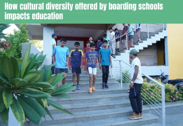 Image of kids coming down from the stairs. and a text "How cultural diversity offered by boarding schools impacts education?" at the top of the