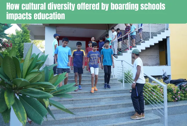 Image of kids coming down from the stairs. and a text "How cultural diversity offered by boarding schools impacts education?" at the top of the