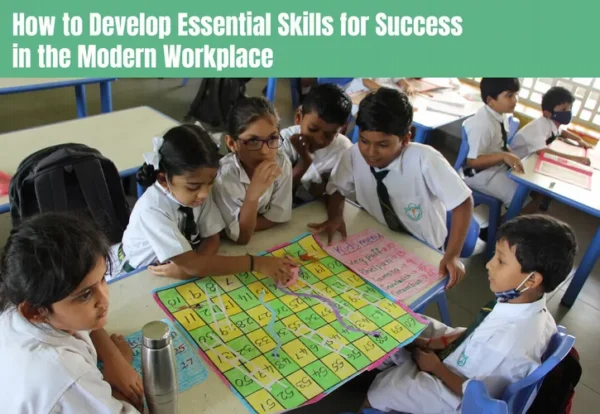 A group of children actively participating in a board game aimed at enhancing essential skills.