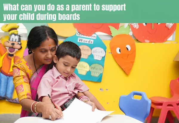 A caring mother assists her child with his studies, with a text on the top ' What can you do as a parent to support your child during boards '