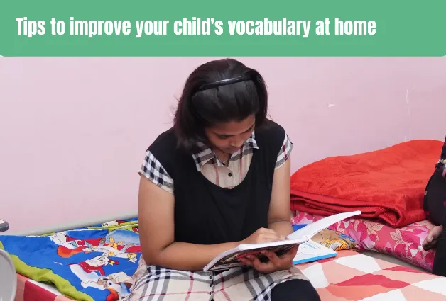 A girl reading her book at home to improve her vocabulary.