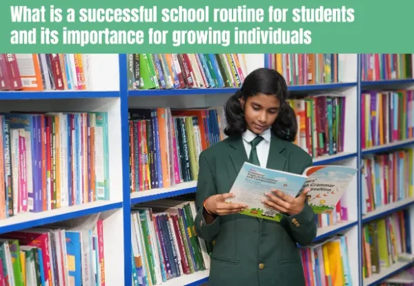 A student is reading book in a library and a text at the top "What is a successful school routine for students and its importance for growing individuals"