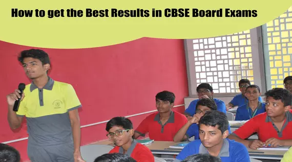 A student confidently speaking into a microphone with the text 'How to get the Best Results in CBSE Board Exams' displayed at the top.
