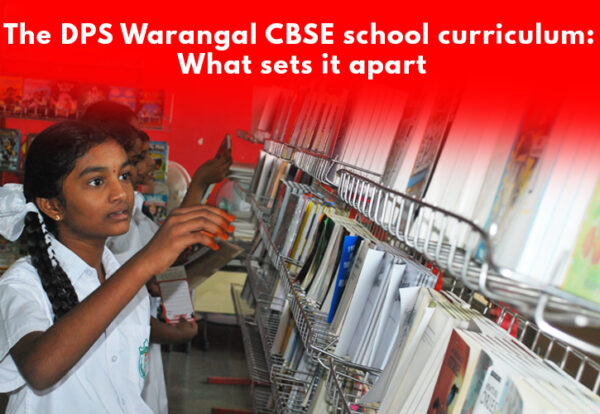 Girls in white uniforms engage in focused activities in a library setting. Some hold books, others look straight ahead. Text at the top: 'The DPS Warangal CBSE school curriculum: What sets it apart?'