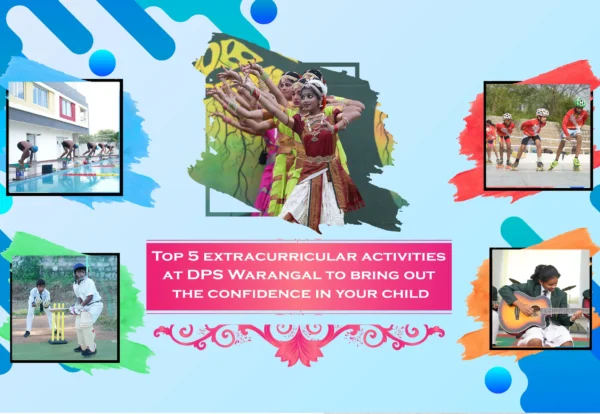 Images of top 5 extracurricular activities at DPS Warangal, images of students dancing, swimming, skating, playing cricket, playing guitar.