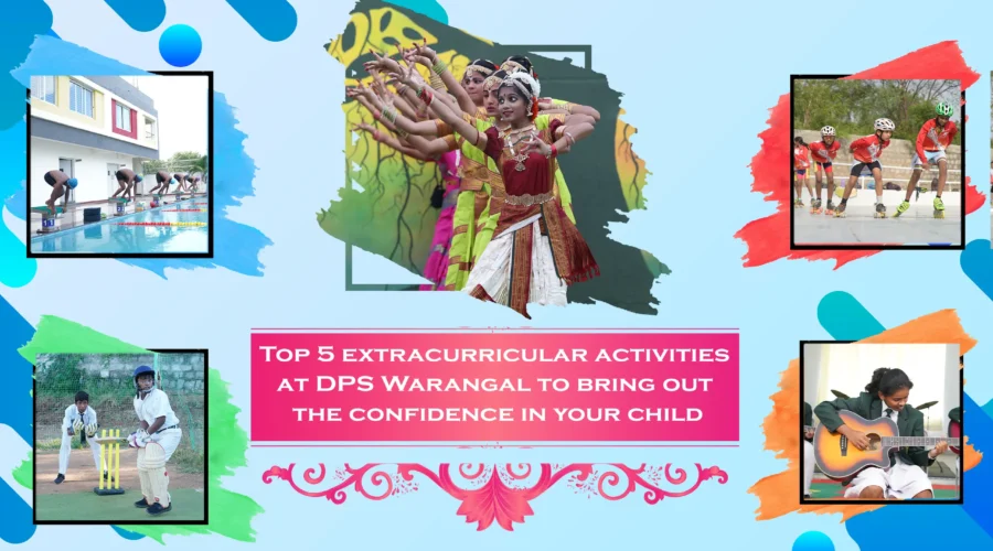 Images of top 5 extracurricular activities at DPS Warangal, images of students dancing, swimming, skating, playing cricket, playing guitar.