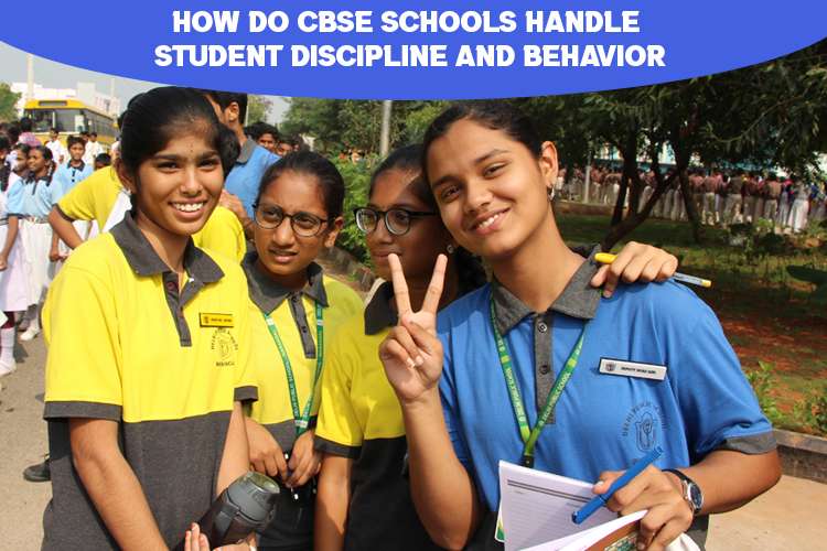 A group of students standing, and a text on top how do CBSE schools handle student discipline and behavior