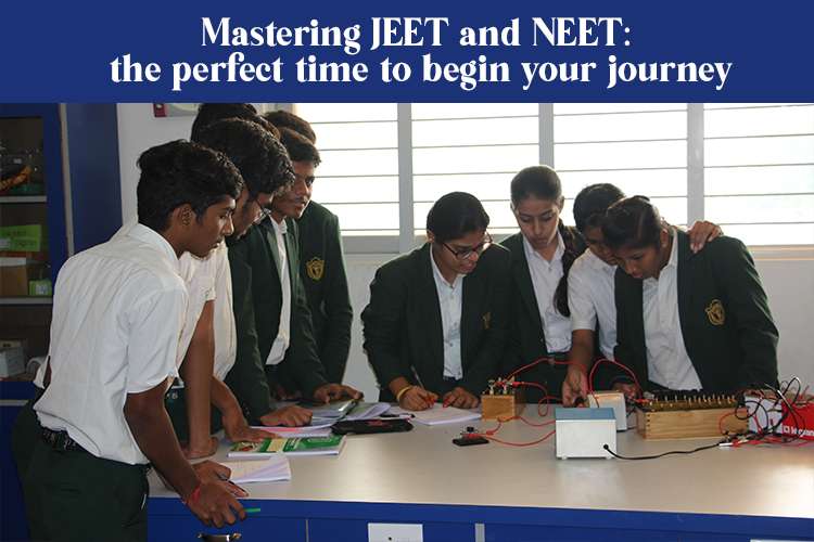 A group of students in uniform conducting science experiments, preparing for JEET and NEET examinations.