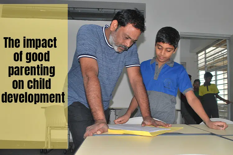 A man and a young boy examining a document together on a table in a classroom setting, with text overlay about parenting and child development.