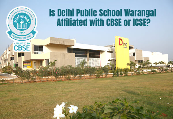A CBSE Delhi Public school Warangal building with a lawn