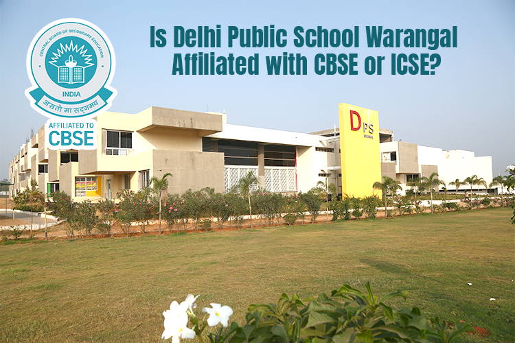 A CBSE Delhi Public school Warangal building with a lawn