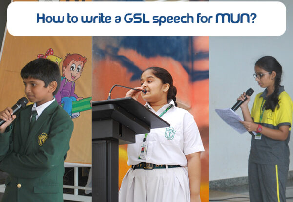 A group of children speaking at a podium, delivering a GSL speech for MUN.