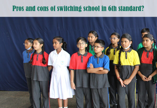 A group of students in different uniforms stands together, discussing the pros and cons of switching schools in 6th standard.